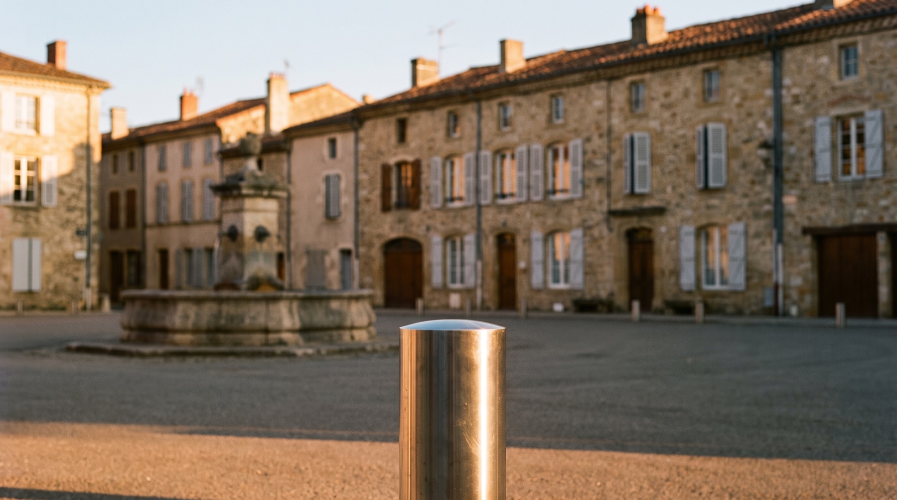 Borne inox brossé sur une place de village au coucher du soleil